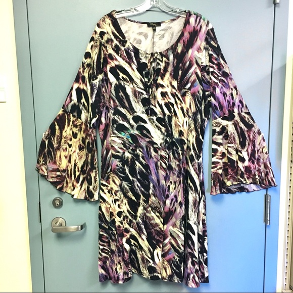 Cupio Dresses & Skirts - Cupio Feather Rainbow Bell Sleeve Dress 1x